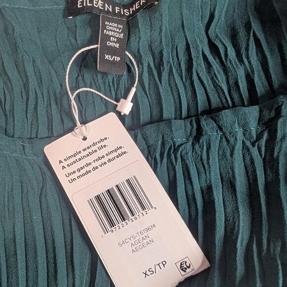 Eileen Fisher | Crinkled Sheer Silk Georgette Bateau Neck Long Top Aegean Green - Picture 7 of 12